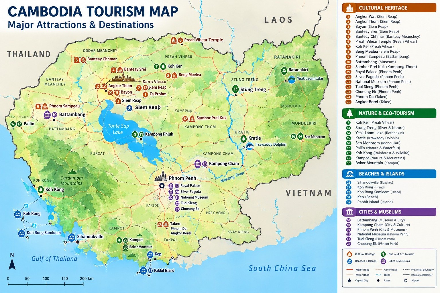 Cambodia tourism map — Phnom Penh, Siem Reap, Sihanoukville, Kampot and borders